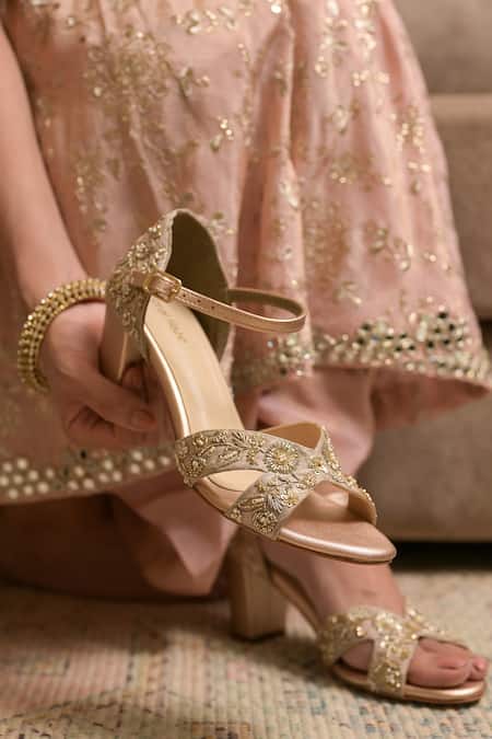 Coral Haze_Beige Zari Zardozi Embroidered Heels _Online_at_Aza_Fashions