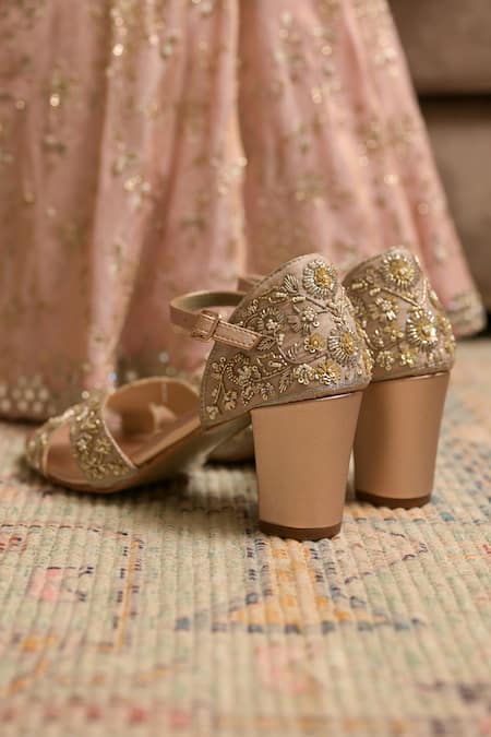 Buy_Coral Haze_Beige Zari Zardozi Embroidered Heels _Online_at_Aza_Fashions