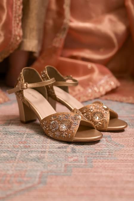 Coral Haze Gold Sequin Zardozi Embroidered Heels 