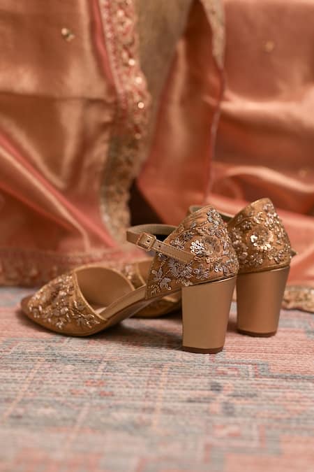 Buy Coral Haze Gold Sequins, Zari Zardozi Embroidered Heels Online at Aza Fashions Buy_Coral Haze_Gold Sequins, Zari Zardozi Embroidered Heels _Online_at_Aza_Fashions