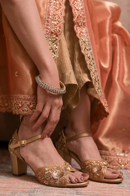 Shop Coral Haze Gold Sequins, Zari Zardozi Embroidered Heels Online at Aza Fashions Shop_Coral Haze_Gold Sequins, Zari Zardozi Embroidered Heels _Online_at_Aza_Fashions