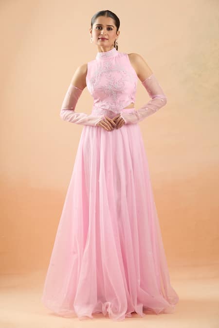 Buy_Naintara Bajaj_Pink Organza Applique, Embroidery, Beads High Neck Floral Lehenga Set 