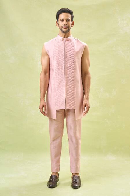 Shop Rng Safawala Pink Cotton, Silk Embroidery Geometric Bandhgala Set Shop_Rng Safawala_Pink Cotton, Silk Embroidery Geometric Bandhgala Set