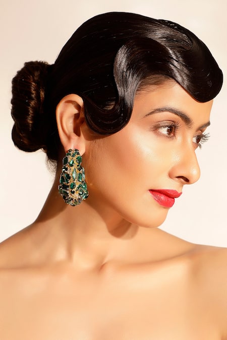 Bijoux By Priya Chandna Green Crystals, Stones Embellished Half Hoop Earrings 
