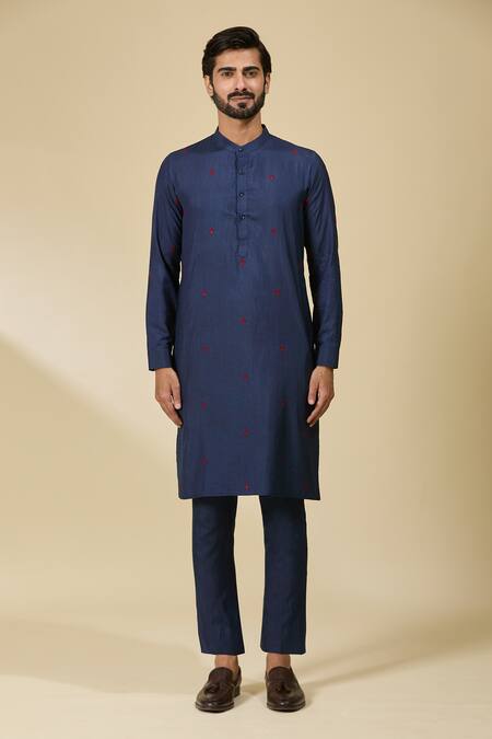 Ewoke Blue Tencel Embroidery Floral Kurta Set Online at Aza Fashions Ewoke_Blue Tencel Embroidery Floral Kurta Set _Online_at_Aza_Fashions