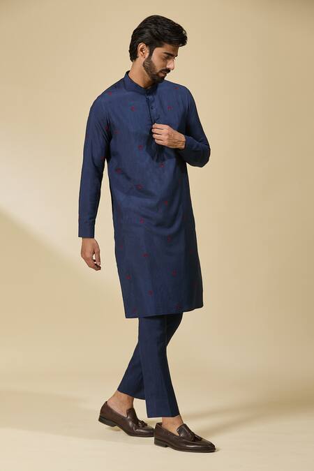 Ewoke Blue Tencel Embroidery Floral Kurta Set at Aza Fashions Ewoke_Blue Tencel Embroidery Floral Kurta Set _at_Aza_Fashions