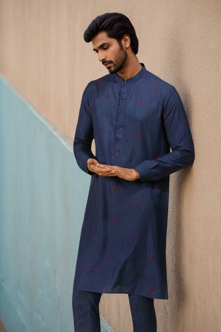 Shop Ewoke Blue Tencel Embroidery Floral Kurta Set Shop_Ewoke_Blue Tencel Embroidery Floral Kurta Set