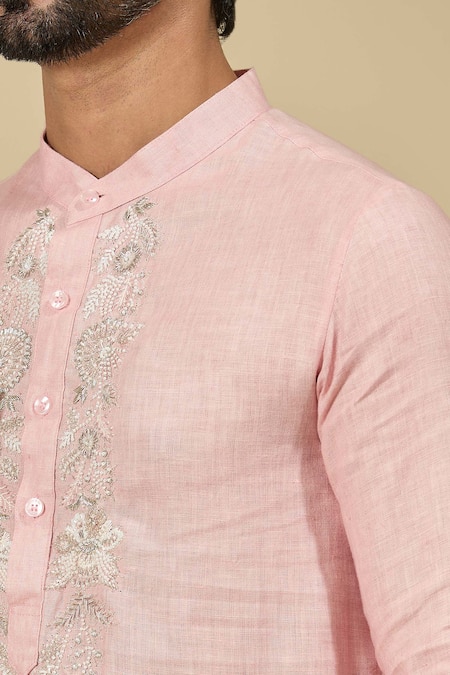 Ewoke_Pink Tencel Beads Embroidered Placket Kurta _Online_at_Aza_Fashions