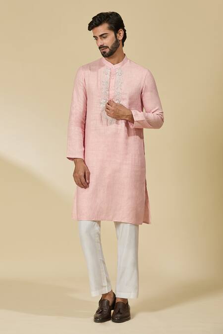 Buy_Ewoke_Pink Tencel Beads Embroidered Placket Kurta _Online_at_Aza_Fashions