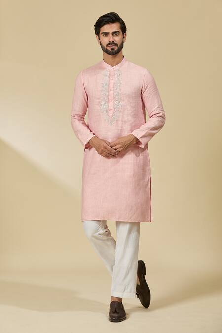Shop_Ewoke_Pink Tencel Beads Embroidered Placket Kurta _Online_at_Aza_Fashions