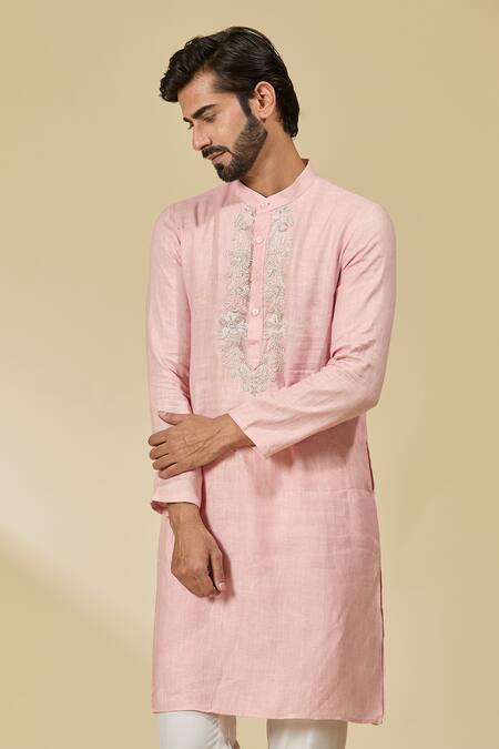 Ewoke_Pink Tencel Beads Embroidered Placket Kurta _at_Aza_Fashions