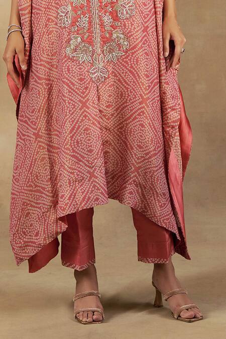 Shalkii_Peach Silk, Tissue Zari, Sequins Bandhani Embroidered Kaftan Kurta And Pant Set _Online_at_Aza_Fashions