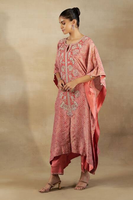 Buy_Shalkii_Peach Silk, Tissue Zari, Sequins Bandhani Embroidered Kaftan Kurta And Pant Set _Online_at_Aza_Fashions