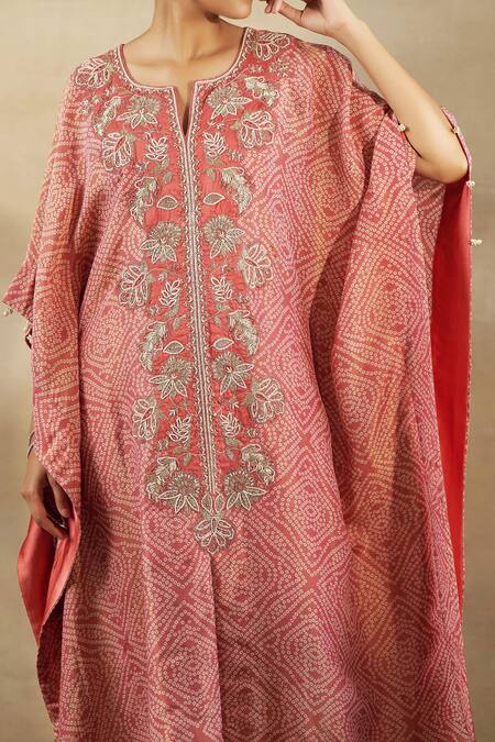 Shop_Shalkii_Peach Silk, Tissue Zari, Sequins Bandhani Embroidered Kaftan Kurta And Pant Set _Online_at_Aza_Fashions