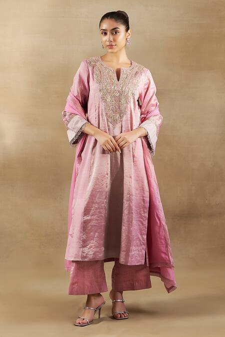 Shalkii_Pink Silk, Tissue Cut Work, Sequins, Zari Floral Embroidered Kurta Palazzo Set _Online_at_Aza_Fashions