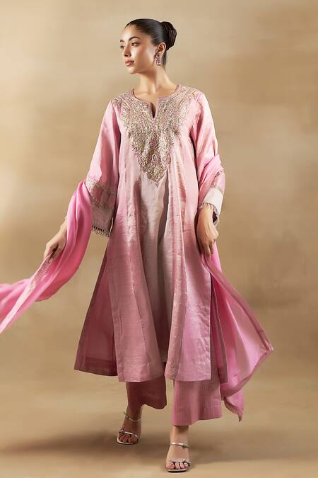 Buy_Shalkii_Pink Silk, Tissue Cut Work, Sequins, Zari Floral Embroidered Kurta Palazzo Set _Online_at_Aza_Fashions