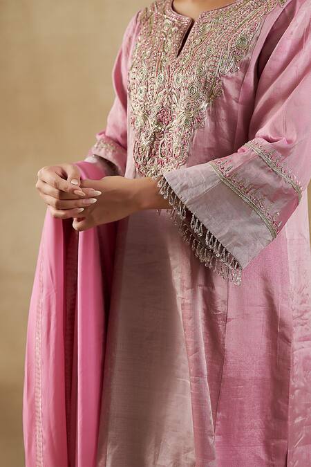 Shop_Shalkii_Pink Silk, Tissue Cut Work, Sequins, Zari Floral Embroidered Kurta Palazzo Set _Online_at_Aza_Fashions