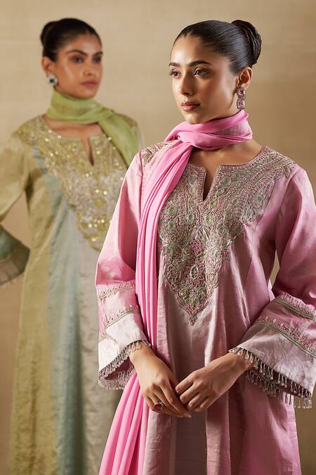Shalkii_Pink Silk, Tissue Cut Work, Sequins, Zari Floral Embroidered Kurta Palazzo Set _at_Aza_Fashions