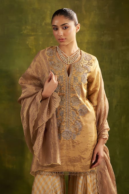 Shalkii_Gold Handloom Cotton, Tissue, Chanderi Zari, Embroidered Kurta Gharara Set _Online_at_Aza_Fashions