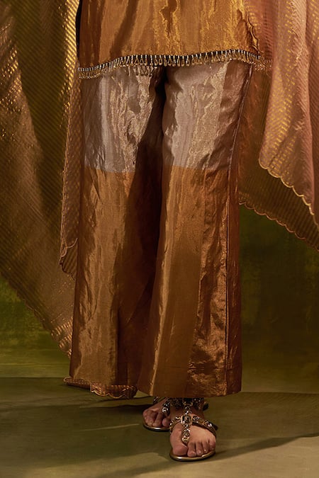 Shalkii_Gold Chanderi, Tissue Beads, Zari, Embroidery Split V-neck Kurta Palazzo Set _Online_at_Aza_Fashions