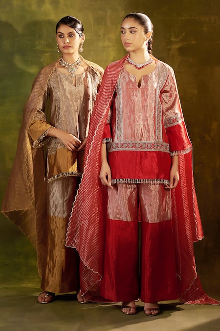 Shop_Shalkii_Gold Chanderi, Tissue Beads, Zari, Embroidery Split V-neck Kurta Palazzo Set _Online_at_Aza_Fashions
