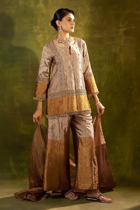 Shalkii_Gold Chanderi, Tissue Beads, Zari, Embroidery Split V-neck Kurta Palazzo Set _at_Aza_Fashions