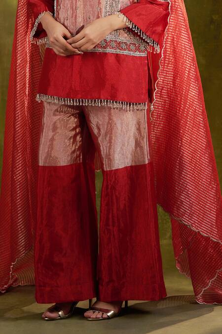 Shalkii Red Handloom Cotton, Chanderi, Tissue Garden Theme Embroidered Kurta Palazzo Set Online at Aza Fashions Shalkii_Red Handloom Cotton, Chanderi, Tissue Garden Theme Embroidered Kurta Palazzo Set _Online_at_Aza_Fashions