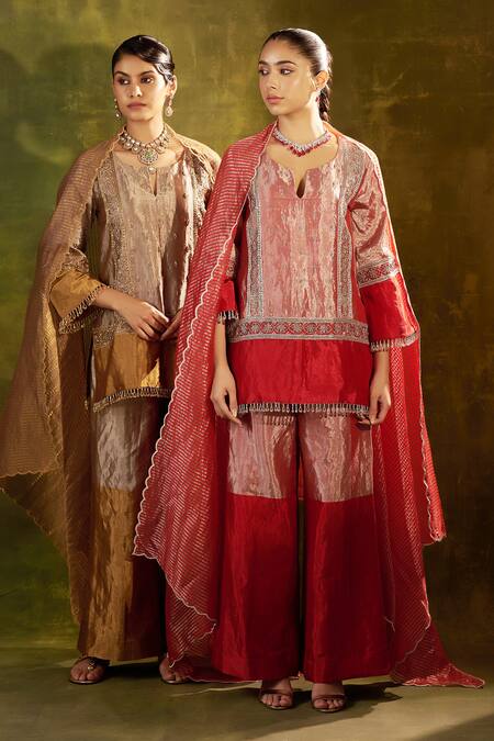 Buy Shalkii Red Handloom Cotton, Chanderi, Tissue Garden Theme Embroidered Kurta Palazzo Set Online at Aza Fashions Buy_Shalkii_Red Handloom Cotton, Chanderi, Tissue Garden Theme Embroidered Kurta Palazzo Set _Online_at_Aza_Fashions