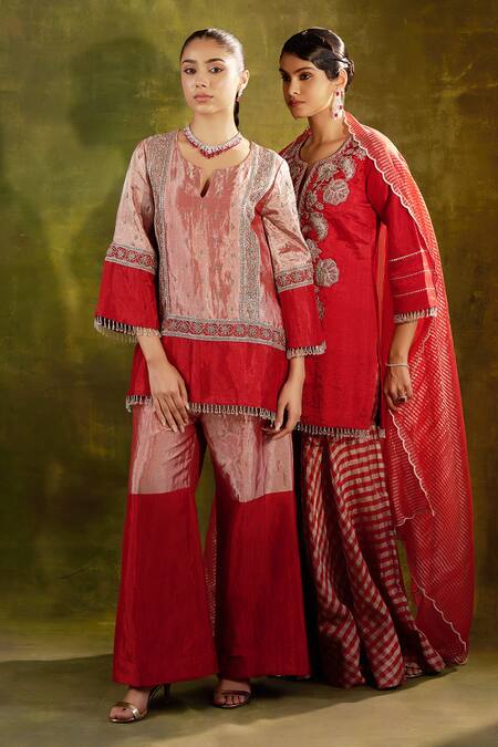 Shalkii Red Handloom Cotton, Chanderi, Tissue Garden Theme Embroidered Kurta Palazzo Set at Aza Fashions Shalkii_Red Handloom Cotton, Chanderi, Tissue Garden Theme Embroidered Kurta Palazzo Set _at_Aza_Fashions