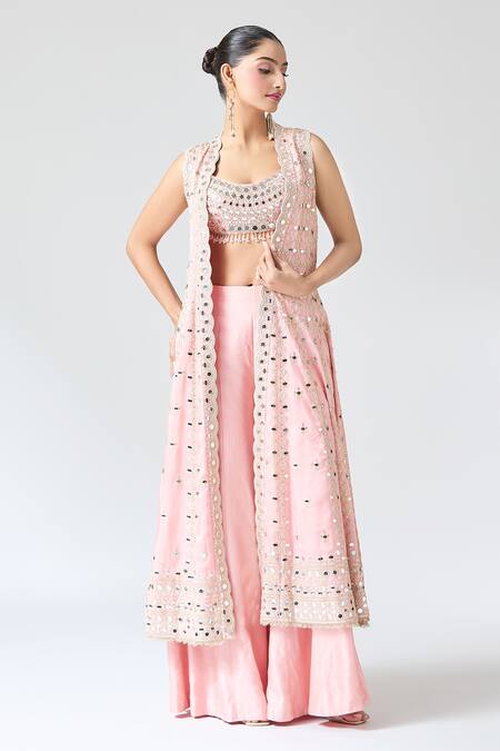 Buy_Gopi Vaid_Pink Tussar Tassels, Mirrors Scoop Neck Embroidered Jacket And Sharara Set _Online_at_Aza_Fashions