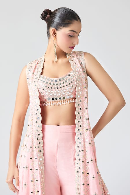 Gopi Vaid_Pink Tussar Tassels, Mirrors Scoop Neck Embroidered Jacket And Sharara Set _at_Aza_Fashions