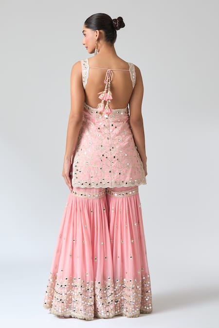 Shop_Gopi Vaid_Pink Tussar, Georgette, Net Embroidery, Sequins, And Thread Kurta Sharara Set _at_Aza_Fashions