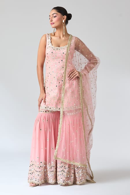 Gopi Vaid_Pink Tussar, Georgette, Net Embroidery, Sequins, And Thread Kurta Sharara Set _Online_at_Aza_Fashions