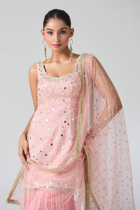 Buy_Gopi Vaid_Pink Tussar, Georgette, Net Embroidery, Sequins, And Thread Kurta Sharara Set _Online_at_Aza_Fashions