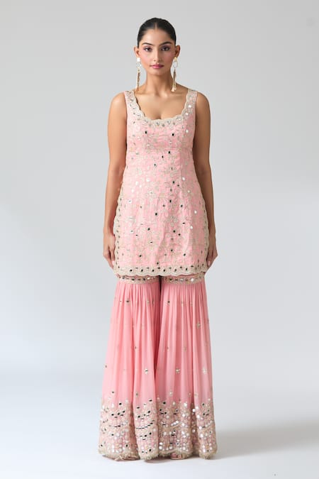 Shop_Gopi Vaid_Pink Tussar, Georgette, Net Embroidery, Sequins, And Thread Kurta Sharara Set _Online_at_Aza_Fashions