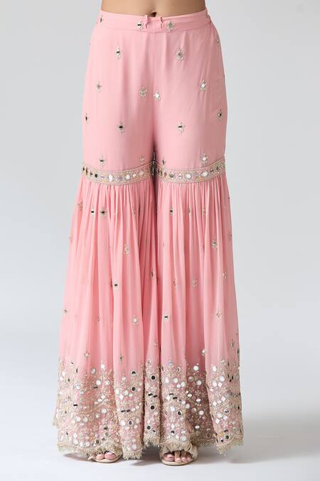 Gopi Vaid_Pink Tussar, Georgette, Net Embroidery, Sequins, And Thread Kurta Sharara Set _at_Aza_Fashions