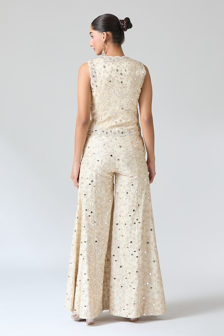 Shop Gopi Vaid Beige Tussar Mirrors, Embroidery Scoop Neck Thread Work Vest And Pant Set at Aza Fashions Shop_Gopi Vaid_Beige Tussar Mirrors, Embroidery Scoop Neck Thread Work Vest And Pant Set _at_Aza_Fashions