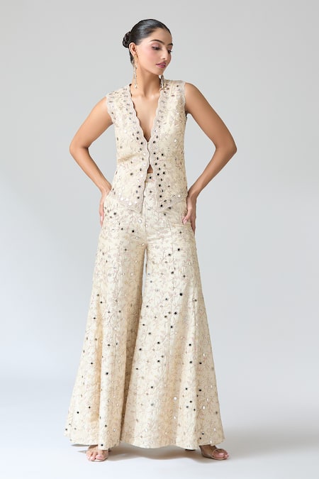 Shop Gopi Vaid Beige Tussar Mirrors, Embroidery Scoop Neck Thread Work Vest And Pant Set Online at Aza Fashions Shop_Gopi Vaid_Beige Tussar Mirrors, Embroidery Scoop Neck Thread Work Vest And Pant Set _Online_at_Aza_Fashions