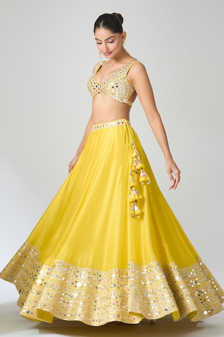 Buy_Gopi Vaid_Yellow Tussar, Organza Mirrors, Embroidery, Tassels And Threadwork Lehenga Set _Online_at_Aza_Fashions
