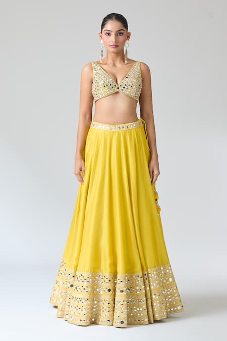 Shop_Gopi Vaid_Yellow Tussar, Organza Mirrors, Embroidery, Tassels And Threadwork Lehenga Set _Online_at_Aza_Fashions