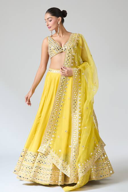 Gopi Vaid_Yellow Tussar, Organza Mirrors, Embroidery, Tassels And Threadwork Lehenga Set _at_Aza_Fashions