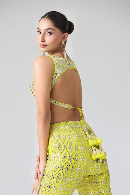 Buy_Gopi Vaid_Yellow Tussar, Kota Doria, Net Mirrors, Embroidery Plunge Neck Blouse And Pant Set _Online_at_Aza_Fashions