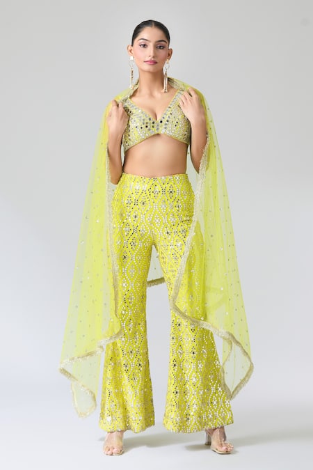 Shop_Gopi Vaid_Yellow Tussar, Kota Doria, Net Mirrors, Embroidery Plunge Neck Blouse And Pant Set _Online_at_Aza_Fashions