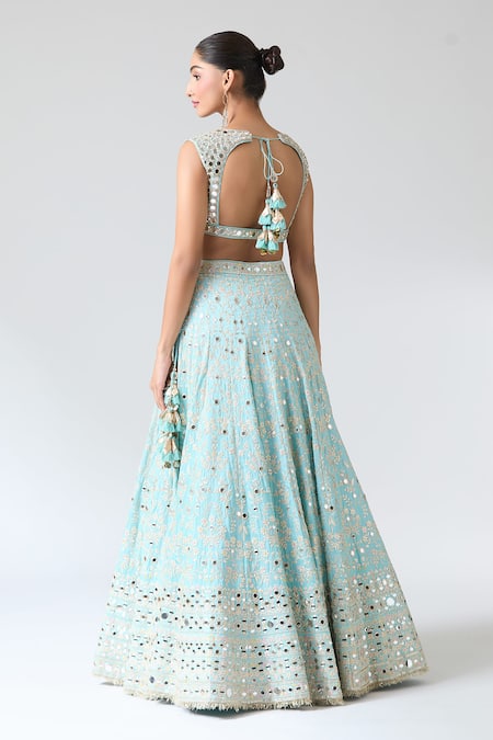 Gopi Vaid_Blue Tussar, Jersey, Organza Mirrors, Embroidery, Tassels Work Lehenga Set _Online_at_Aza_Fashions