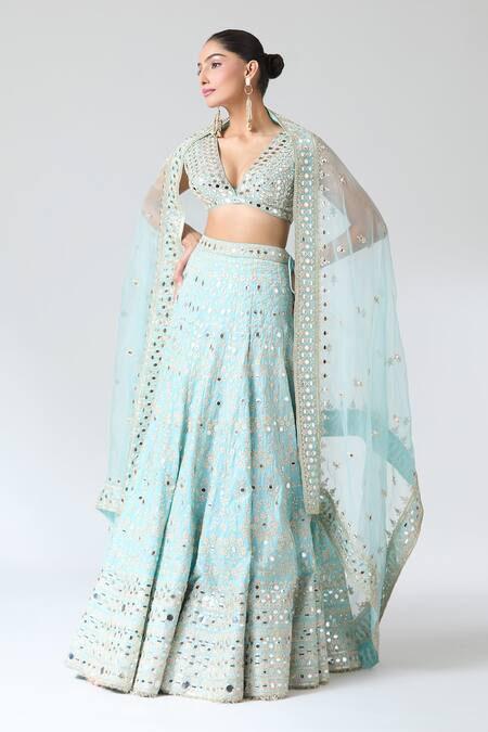 Buy_Gopi Vaid_Blue Tussar, Jersey, Organza Mirrors, Embroidery, Tassels Work Lehenga Set _Online_at_Aza_Fashions