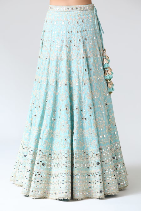 Shop_Gopi Vaid_Blue Tussar, Jersey, Organza Mirrors, Embroidery, Tassels Work Lehenga Set _Online_at_Aza_Fashions