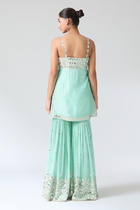 Gopi Vaid Blue Tussar, Georgette, Net Mirrors Square Neck Embroidered Kurta Sharara Set Online at Aza Fashions Gopi Vaid_Blue Tussar, Georgette, Net Mirrors Square Neck Embroidered Kurta Sharara Set _Online_at_Aza_Fashions