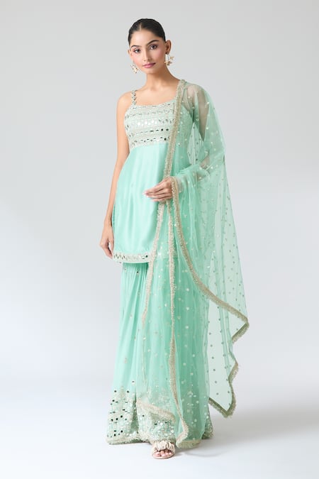 Buy Gopi Vaid Blue Tussar, Georgette, Net Mirrors Square Neck Embroidered Kurta Sharara Set Online at Aza Fashions Buy_Gopi Vaid_Blue Tussar, Georgette, Net Mirrors Square Neck Embroidered Kurta Sharara Set _Online_at_Aza_Fashions