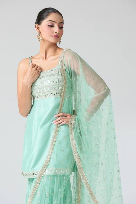 Shop Gopi Vaid Blue Tussar, Georgette, Net Mirrors Square Neck Embroidered Kurta Sharara Set Online at Aza Fashions Shop_Gopi Vaid_Blue Tussar, Georgette, Net Mirrors Square Neck Embroidered Kurta Sharara Set _Online_at_Aza_Fashions