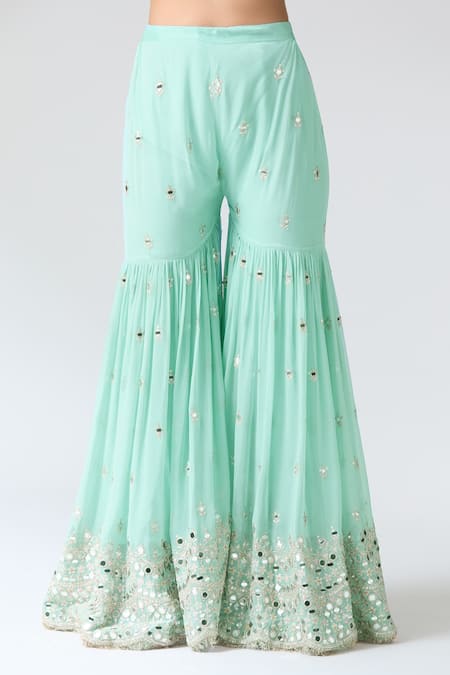 Gopi Vaid Blue Tussar, Georgette, Net Mirrors Square Neck Embroidered Kurta Sharara Set at Aza Fashions Gopi Vaid_Blue Tussar, Georgette, Net Mirrors Square Neck Embroidered Kurta Sharara Set _at_Aza_Fashions